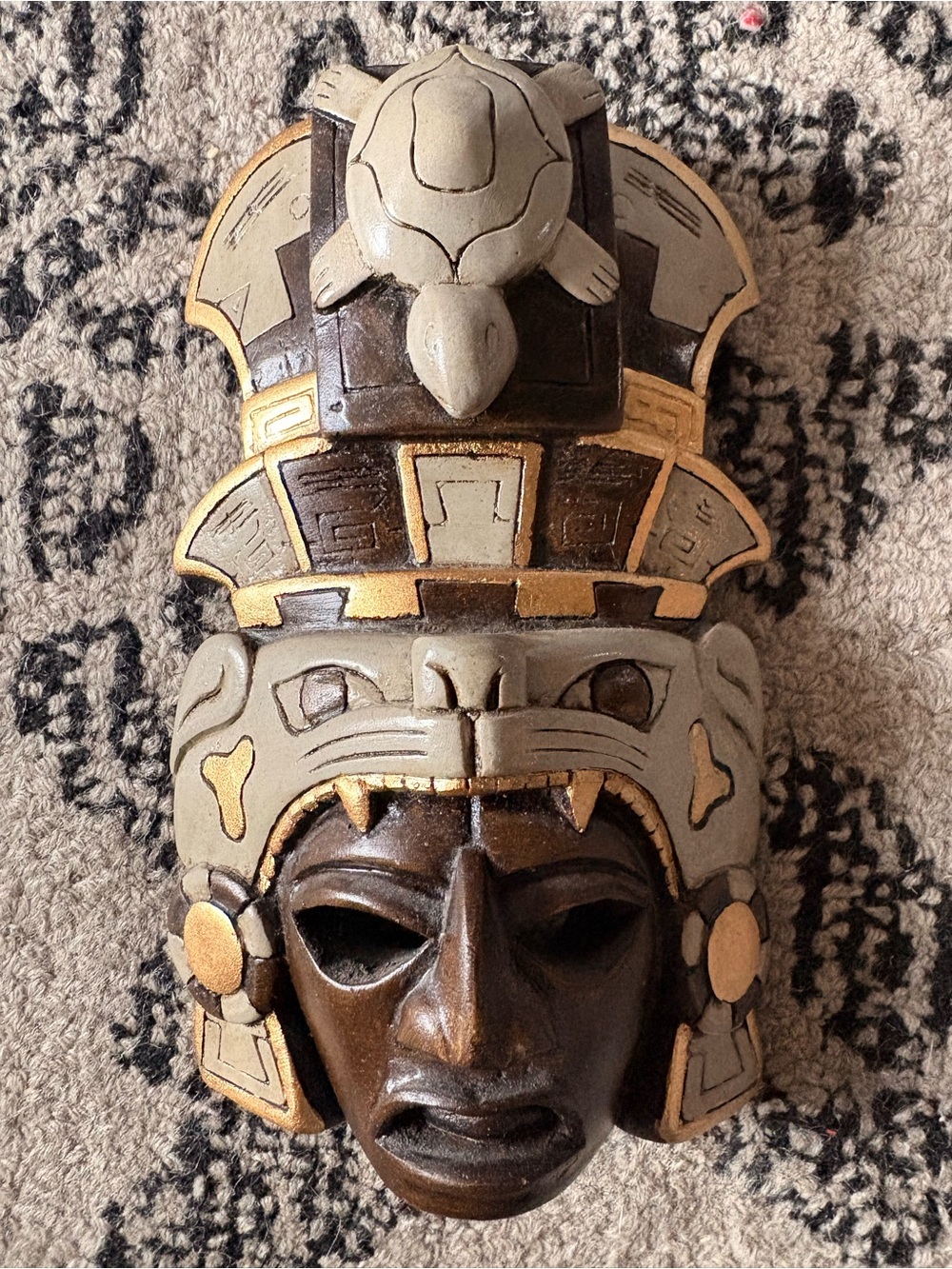 Handcrafted Brown & Gray Tribal Mask Sculpture with Gold Accents